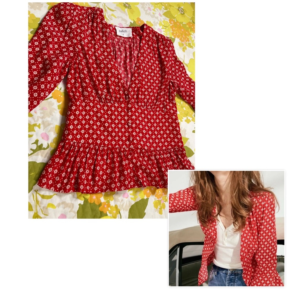 ba&sh Red Mini Floral Button-Down Peplum Top